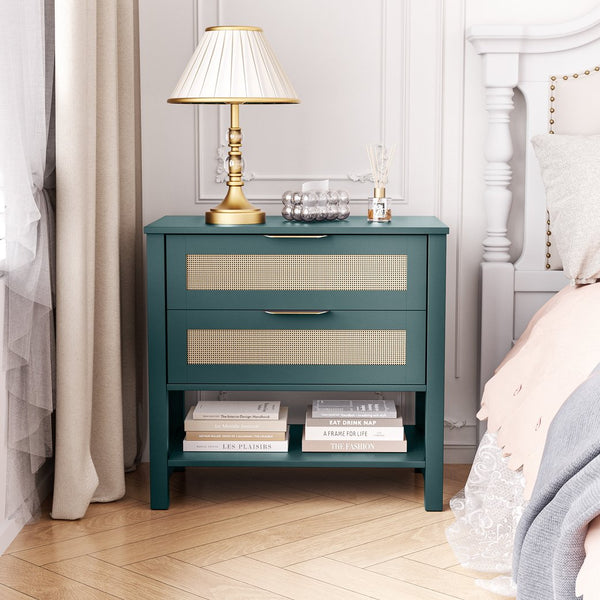 English Elm Rattan Front Boho Coastal Nightstand with Gold Pulls Open Shelf and Woven Drawer Accents Green T3210P471550