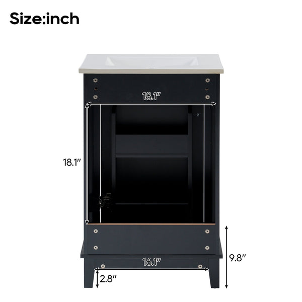 English Elm 20 Inch Modern Small Bathroom Vanity Cabinet With Ceramic Basin, Space-Saving Storage & Soft-Close Door Black N729P170386B