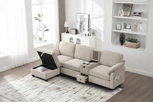 English Elm United Multifunctional L-Shaped Corduroy Sofa: 4-Seater With Usb Ports, Storage, And Comfort Features W1568S00226-GIGA