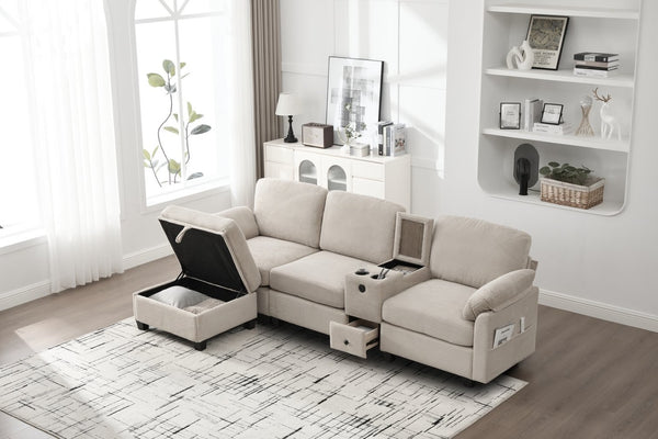 English Elm United Multifunctional L-Shaped Corduroy Sofa: 4-Seater With Usb Ports, Storage, And Comfort Features W1568S00226-GIGA