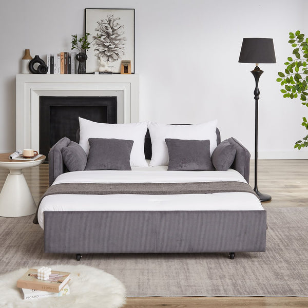 English Elm FX'' 66 Inch Sleeper Sofa Bed 3-in-1 Convertible Pullout Sofa with Plush Corduroy, 4 Pillows, Pockets Grey W1926S00059