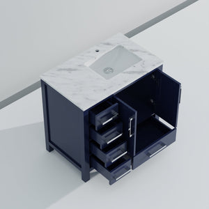 English Elm Navy Blue Bath Vanity With Carrara Marble Top, Right Offset Sink, Soft-Close Drawers & Storage B2731P258857