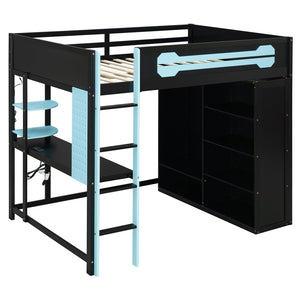 English Elm Full Size Gaming Loft Bed with Rgb Lighting Integrated Desk and Open Wardrobe Blue N820S00073C