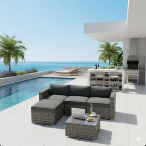 English Elm 5-piece Outdoor Modular Pe Rattan Wicker Patio Set with Tempered Glass Coffee Table Gray B082P455127