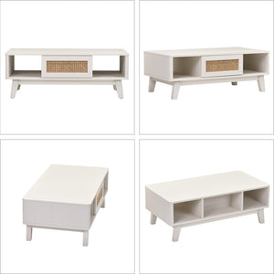 English Elm Coffee Mid Century Storage Coffee Table with Rattan Drawer, Solid Wood Legs, Durable 110lb Capacity White T3623P380669