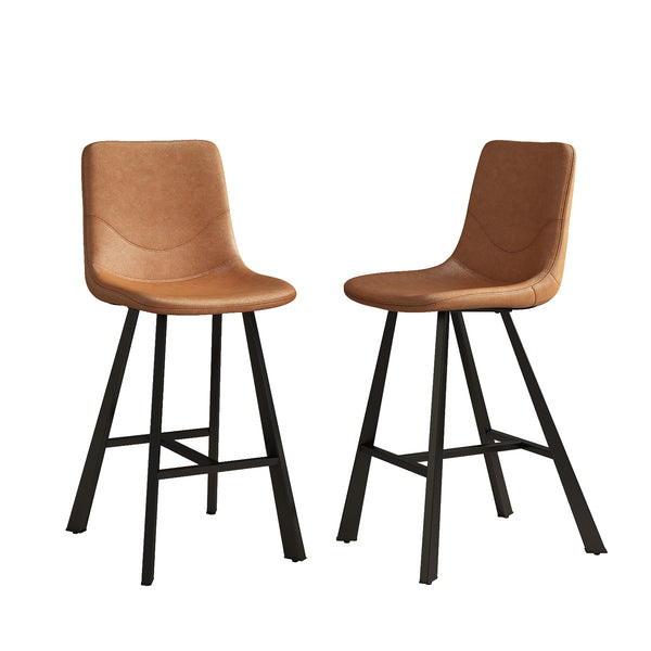 English Elm Faux Leather Counter Stools Set of Two Ergonomic Curved Back Metal Frame Kitchen Seating Cognac W5096P400395