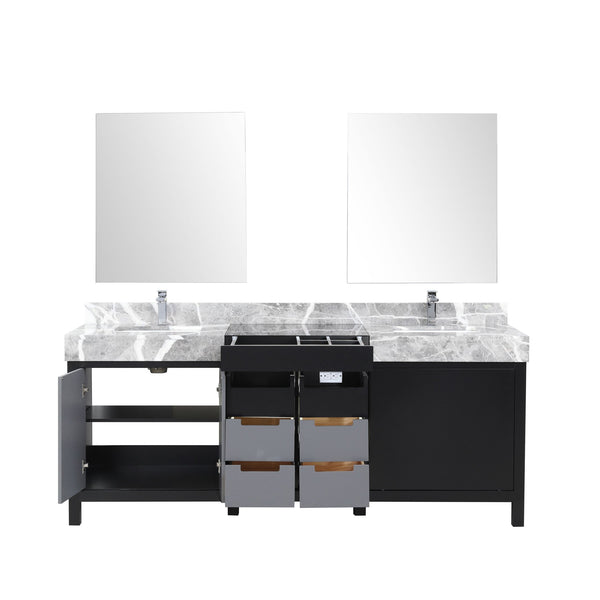 English Elm Black Double Bath Vanity 80" W With Grey Marble Top, Chrome Faucets & 30" Mirrors For Modern Style B2731S01162