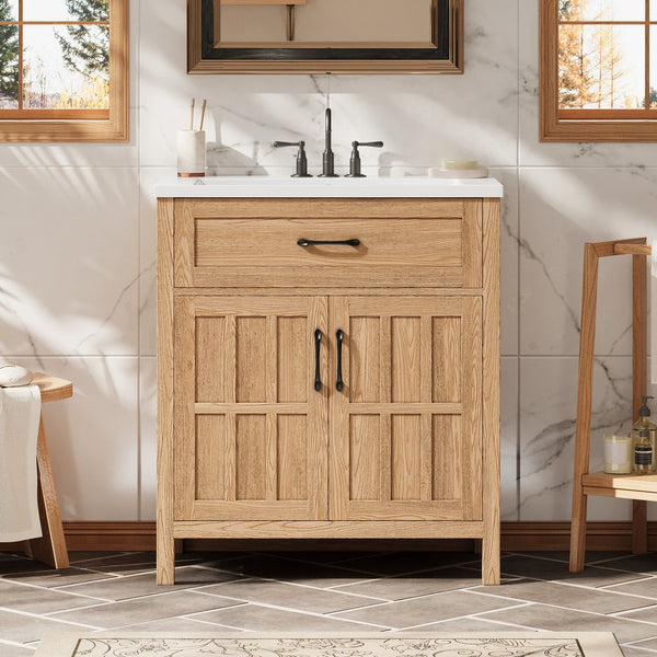 English Elm 30" Solid Pine Bathroom Vanity with Resin Sink Soft Close Doors and Natural Grain Finish N710P405952P