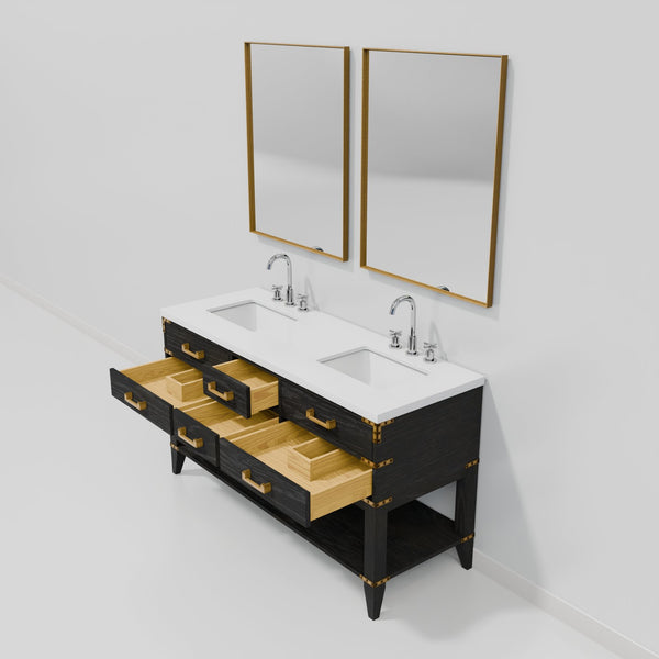 English Elm Black Oak Double Bath Vanity Set With White Quartz Top, Chrome Faucets & 2 Matching Mirrors Included B2731S02197