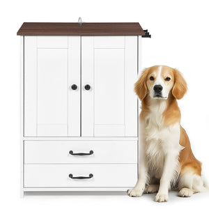 English Elm Dog feeding station with pull-out dual bowls, adjustable heights, storage locker & 3 side hooks, white W1687P270768