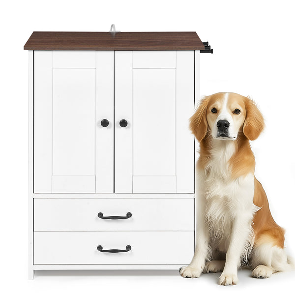 English Elm Dog feeding station with pull-out dual bowls, adjustable heights, storage locker & 3 side hooks, white W1687P270768
