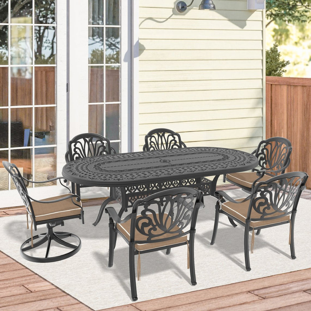 English Elm 7-Piece All-Weather Cast Aluminum Dining Set With Swivel Chairs & Cushions For Year-Round Enjoyment W1710S00391