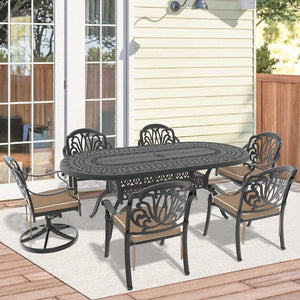 English Elm 7-piece Outdoor Cast Aluminum Oval Dining Set with Ornate Relief and Swivel Chairs W1710S00654