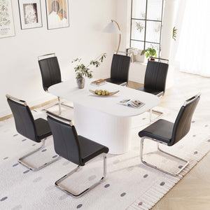 English Elm 63 Inch Cream Mdf Dining Table with 6 Pu Leather Chairs Silver Metal Base Set W2189S00882