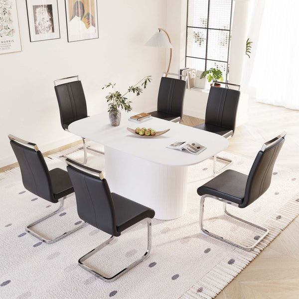 English Elm 63 Inch Cream Mdf Dining Table with 6 Pu Leather Chairs Silver Metal Base Set W2189S00882