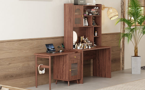 English Elm Computer Desk with Rotating Extension Panel Walnut Finish Glass Cabinets Home Office N733S363716D
