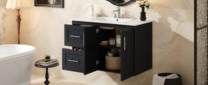 English Elm 36'' Wall Mounted Bathroom Vanity with Ceramic Sink, Solid Wood & MDF Floating Cabinet with Drawers Black N710P293299B