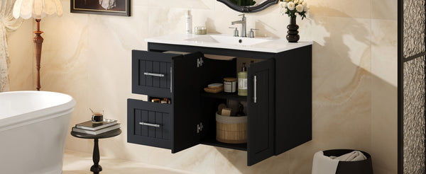 English Elm 36'' Wall Mounted Bathroom Vanity with Ceramic Sink, Solid Wood & MDF Floating Cabinet with Drawers Black N710P293299B