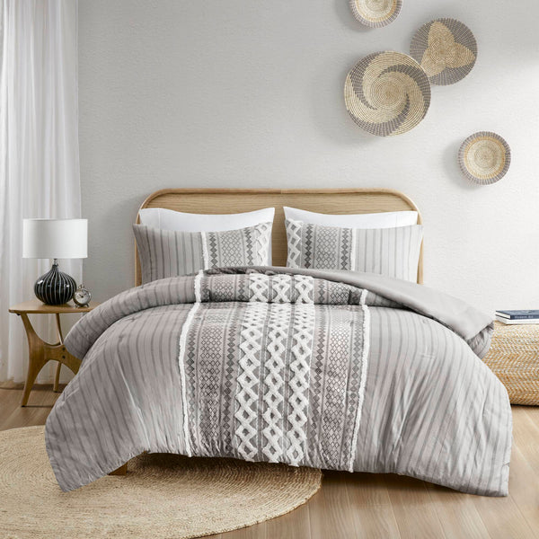 English Elm Cotton Imani Printed Chenille Comforter Set Full/Queen — Mid-Century Geometric Texture, OEKO-TEX Certified, Soft breathable cotton Gray 21.65 L x 22.83 W x 10.63 H B035128799
