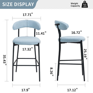 English Elm 26'' Teddy Counter Height Bar Stool Blue Fabric Cover with Soft Cushion, Stylish Backrest, Black Powder-Coated Base and Footrest for Kitchen Island (Set of 1) W2215P292148