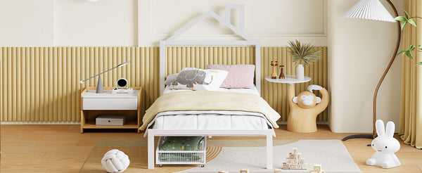 English Elm Twin Metal Platform Bed with House-Style Headboard, Sturdy Slatted Frame & Smooth Underbed Drawers for Kids and Teens (300 lb Capacity) White MF320570AAK