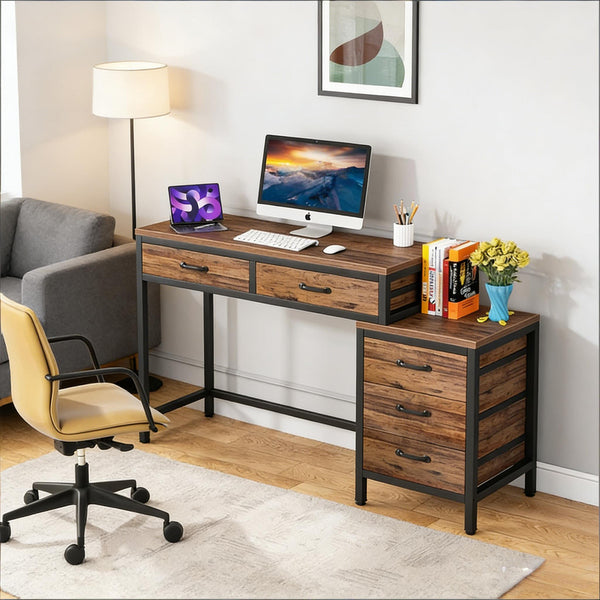 English Elm Industrial Writing Desk with File Cabinet Five Drawers Rustic Brown Home Office T3971P449902