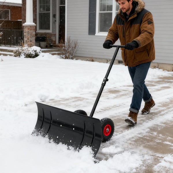 English Elm 30" Carbon Steel Snow Pusher with Wheeled Frame and Adjustable Ergonomic Handle W1422P362635