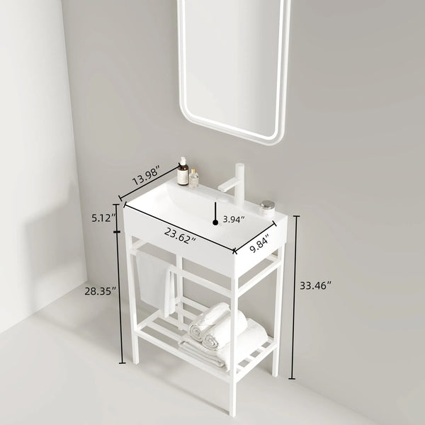 English Elm LOFI Ceramic Integrated Bathroom Vanity 24" with Rectangular Basin, Open Metal Shelf, Easy Clean White W2615S00051