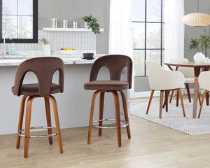 English Elm Fixed-height Swivel Counterstools Walnut Legs Espresso Velvet Chrome Footrest Pair B202S01795