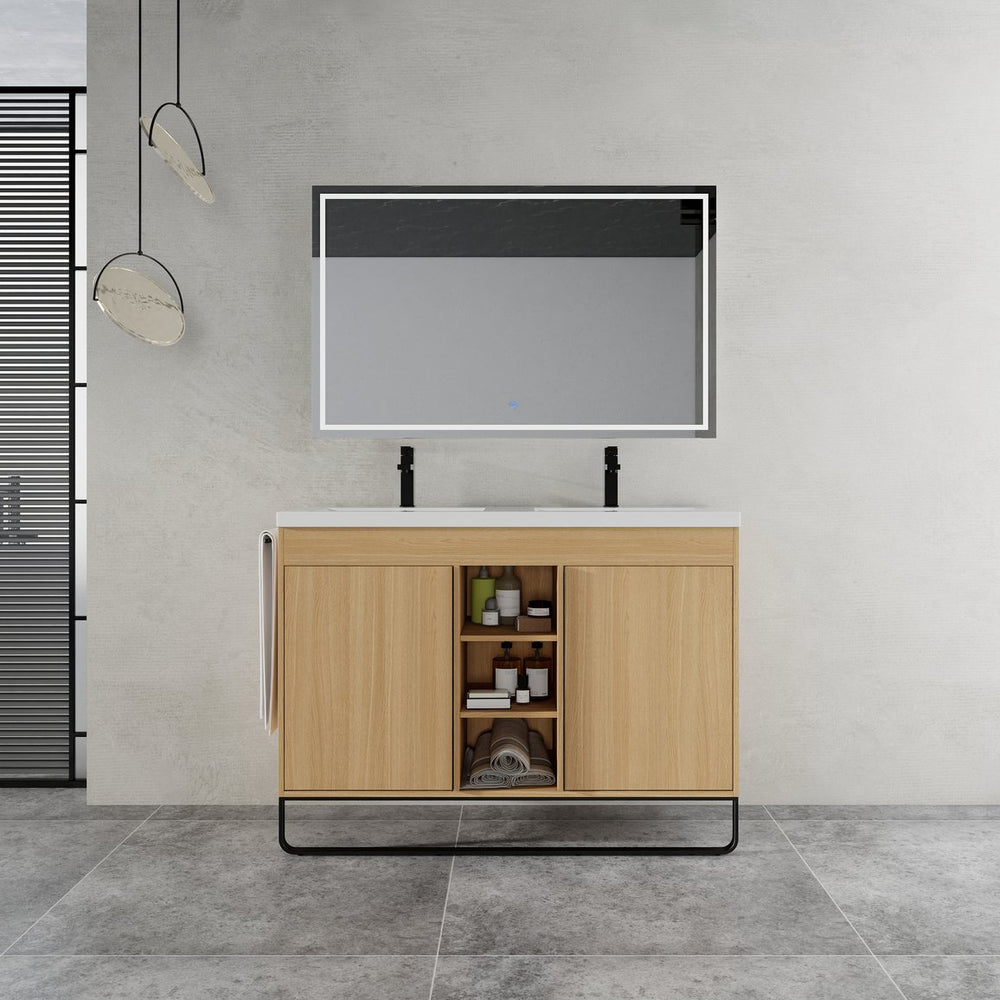English Elm 48" Freestanding Bathroom Vanity With Resin Double Sink, Soft-Close Doors & Open Storage For Modern Style W999S00479