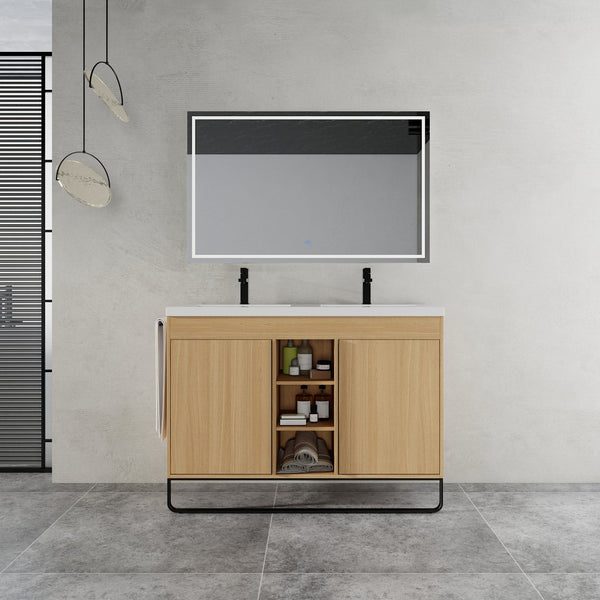 English Elm 48" Freestanding Bathroom Vanity With Resin Double Sink, Soft-Close Doors & Open Storage For Modern Style W999S00479