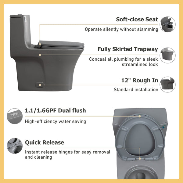 English Elm 1.1/1.60 Gpf Dual Flush One Piece Elongated Comfort Height Toilet with Soft Close Seat W1920P425618