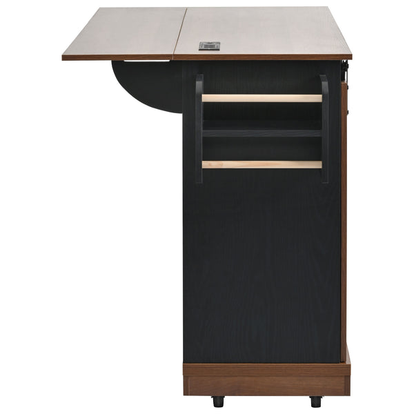 English Elm K&K 55.5" Farmhouse Kitchen Island with Sliding Barn Door, Drop Leaf, Charging Station, Wheels Black N707P288229B