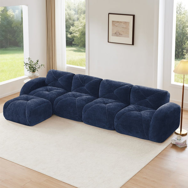 English Elm L-shaped Modular Velvet Sectional Tufted Cloud Sofa with Ottoman for Living Room Blue W714S01623