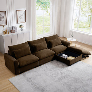 English Elm Corduroy Sectional Sofa - Versatile L-Shaped Couch With Storage Footstool & Lumbar Pillows, Brown W714S00661
