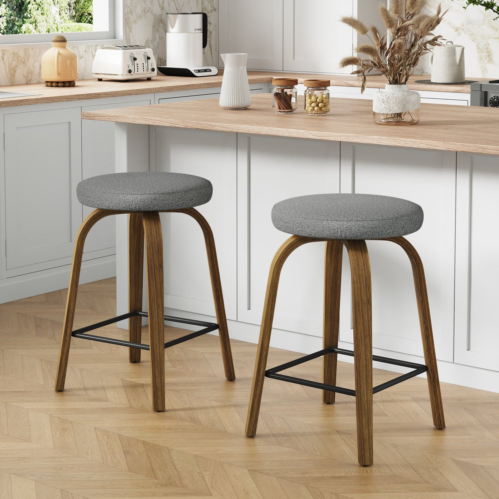 English Elm Swivel Backless Counter Stools Set of 2 with Fabric Seat Bentwood Legs Mid-century Modern Gray W3107P449831