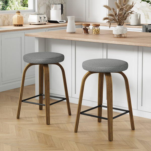 English Elm Swivel Backless Counter Stools Set of 2 with Fabric Seat Bentwood Legs Mid-century Modern Gray W3107P449831