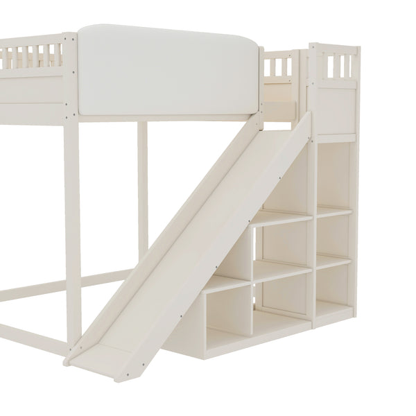English Elm Queen Loft Bed with Upholstered Headboard Built-in Slide and Open Storage Shelves Beige W1580S00640