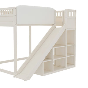 English Elm Queen Loft Bed with Upholstered Headboard Built-in Slide and Open Storage Shelves Beige W1580S00307