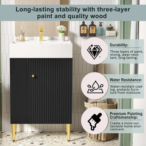 English Elm 21.6" Black Bathroom Vanity with Ceramic Sink, Left Side Storage, Gold Legs, Soft-Close Hinges and Triple-Coat Finish SV000007AAB