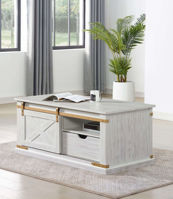 English Elm Antique Rustic White Coffee Table with Glam Metal Accents, Barnhouse Style, Center Glide Drawer Storage Antique White,Gold 51 L x 27 W x 23 H B011P321004