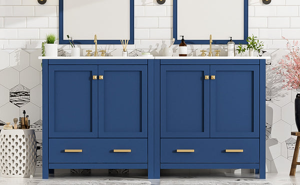 English Elm 60" Blue Double Vanity with Ceramic Sinks, Solid Wood Frame, Divided Drawers & Soft-Close Doors N729P000001C