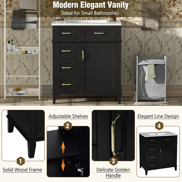 English Elm 30-Inch Bathroom Vanity with Ceramic Sink, Gold Handles, Solid Wood Frame and Soft-Close Drawers Black N729P195052B
