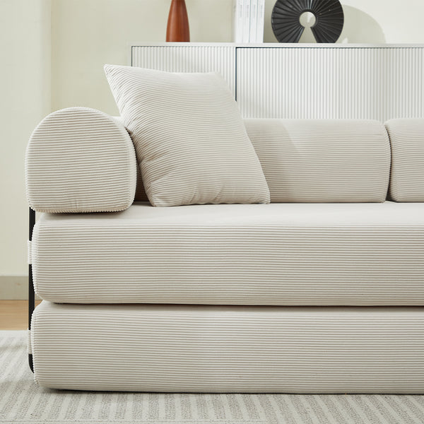 English Elm Folding Sofa Bed Corduroy Convertible 78.5" 3-Seater to Bed No-Assembly Foam Spring Comfort Beige W2915P343899