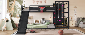 English Elm Twin Metal Loft Bed with Slide Basketball Hoop Climbing Wall and Built-in Shelves W1580S00343
