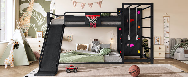 English Elm Twin Metal Loft Bed with Slide Basketball Hoop Climbing Wall and Built-in Shelves W1580S00343