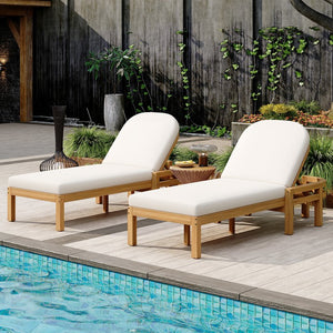 English Elm Trexm Outdoor Acacia Wood Reclining Chaise Set Poolside Patio Lounger Pair Light Teak TM000032AAD