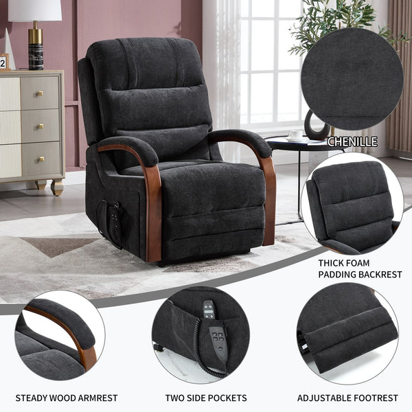 English Elm Power Lift Recliner Chair Chenille Upholstery Dual Motor Heat Massage Solid Wood Arms Black W1803S00076