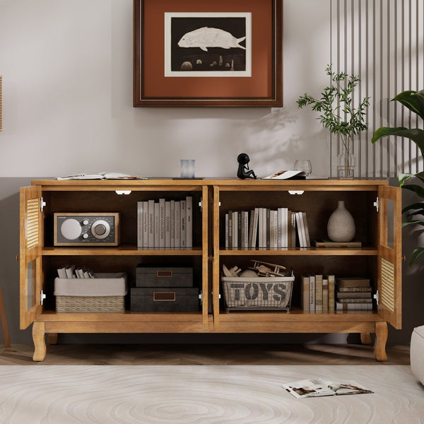 English Elm Retro 4-Door Sideboard with Spacious Adjustable Shelves, Solid Wood Legs, Spray-Painted MDF Finish Antique brown W2696P256248