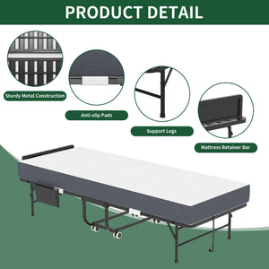 English Elm 75 Inch Rollaway Twin Bed with Memory Foam Mattress Heavy Duty Steel Frame Foldable W2735P425464